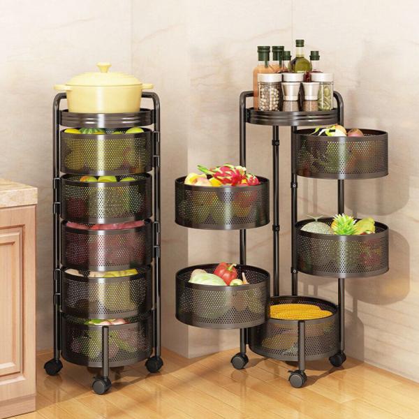 Round Kitchen Rotating Shelf 360 Degree Baskets – Multi-function Vegetable and Fruit Storage Rack with Wheels