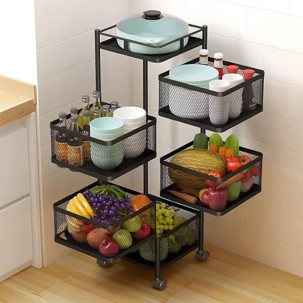 Square Kitchen Rotating Shelf 360 Degree Baskets – Multi-function Vegetable and Fruit Storage Rack with Wheels