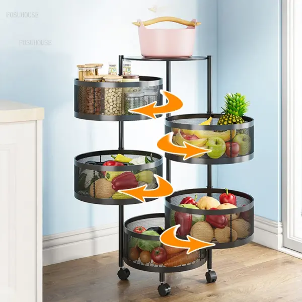 Round Kitchen Rotating Shelf 360 Degree Baskets – Multi-function Vegetable and Fruit Storage Rack with Wheels