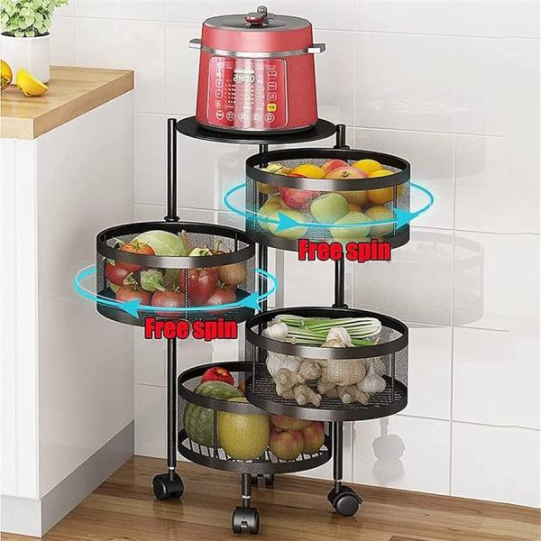 Round Kitchen Rotating Shelf 360 Degree Baskets – Multi-function Vegetable and Fruit Storage Rack with Wheels