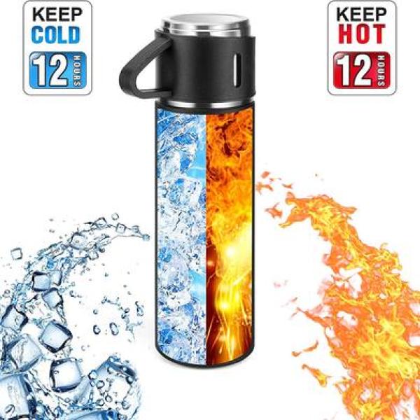 Vacuum Insulated Thermal Flask Set 3-in-1 with Stainless Steel Cups – Hot & Cold